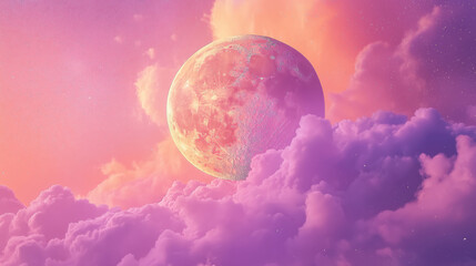 shining moon in mauve pastel pink orange clouds sky