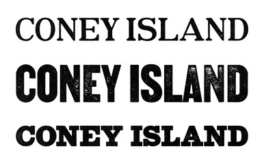 Coney Island name written in distressed vintage serif, sans serif and slab serif styles isolated on transparent background