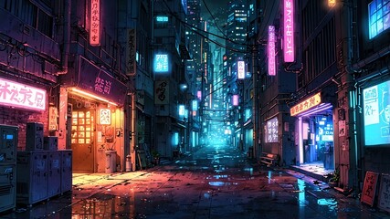 cyberpunk alley a gritty neonlit alley filled with cyb anime