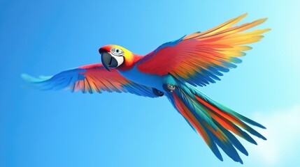 Fototapeta premium Happy cartoon parrot with multicolored feathers, flying through a clear blue sky