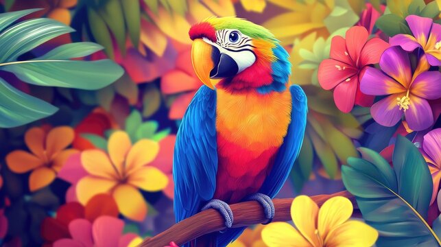 Happy cartoon parrot with bright feathers, surrounded by colorful tropical flowers