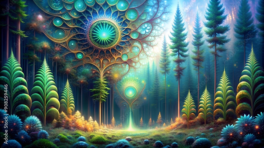 Aufkleber fractal forest: a holographic tapestry of infinite patterns ai generated