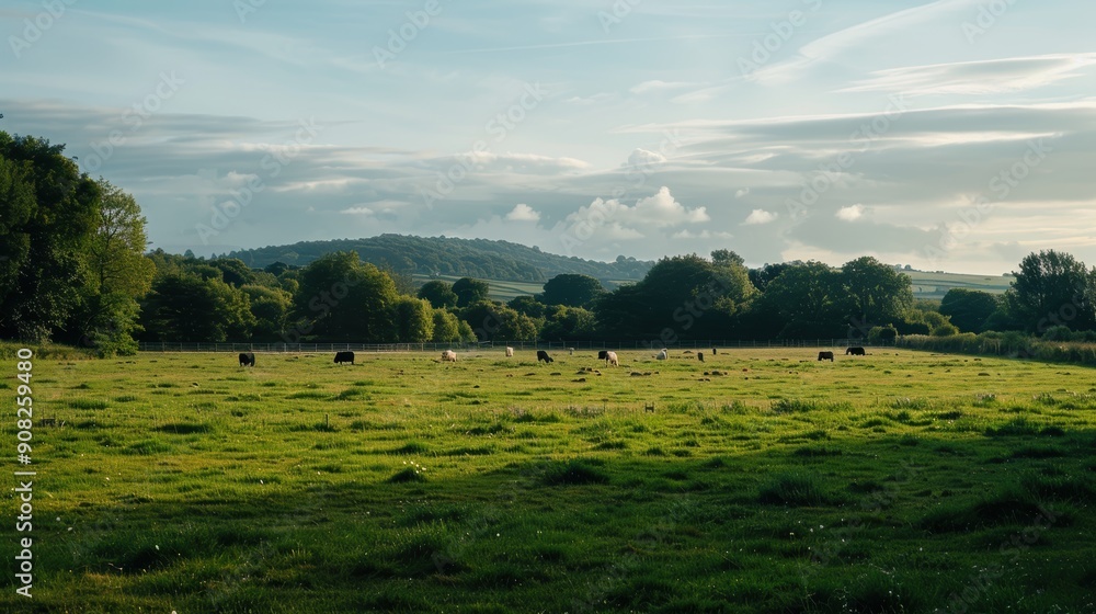 Poster sheep grazing on lush green grass in a field bordered by trees with rolling hills in the distance