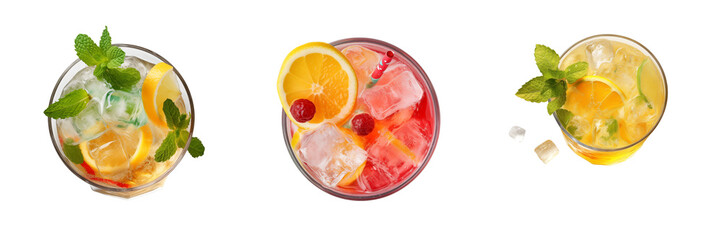 Refreshing cocktail in a glass, top view. Transparent background