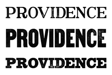 Providence city name written in distressed vintage serif, sans serif and slab serif styles isolated on transparent background