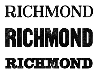 Richmond city name written in distressed vintage serif, sans serif and slab serif styles isolated on transparent background