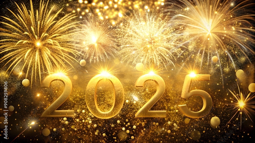 Poster golden explosion: 2025 burst into existence with a shower of fireworks and confetti generative ai