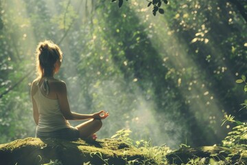 Serene woman practicing meditation in a tranquil forest, with sunlight piercing through the foliage