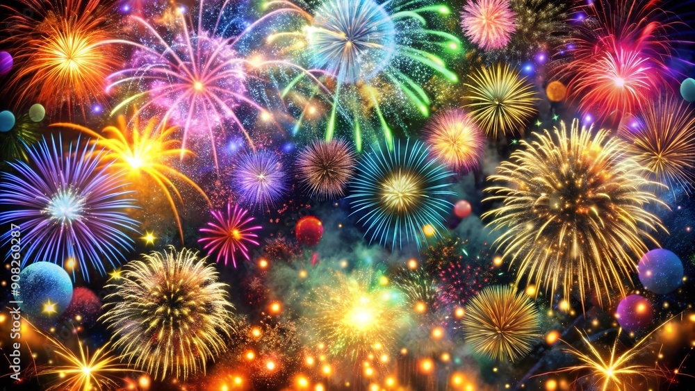 Aufkleber 2025: a tapestry of color and light with fireworks and confetti generative ai