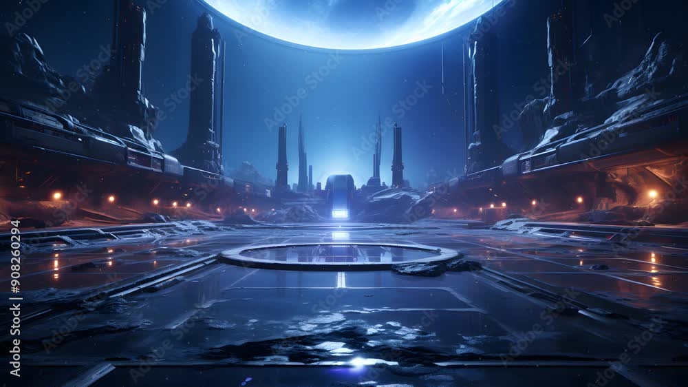 Poster a futuristic scene with towering structures and a large orb in the sky, giving off a mystical vibe.