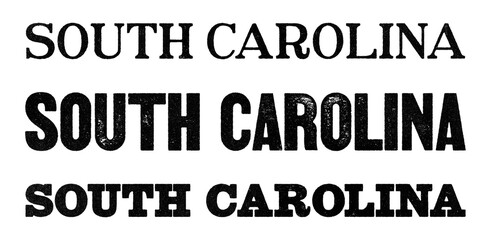 South Carolina state name written in distressed vintage serif, sans serif and slab serif styles isolated on transparent background