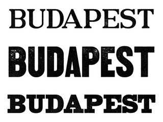 Budapest city name written in distressed vintage serif, sans serif and slab serif styles isolated on transparent background
