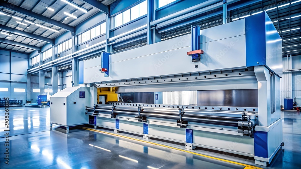 Poster the future of form: a modern, sleek hydraulic bending machine in a high-tech factory generative ai