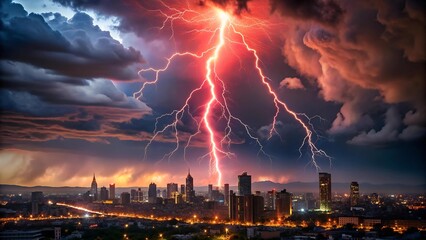Red Lightning Arcing Through a Dark Sky Above a Cityscape  Generative AI
