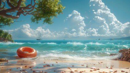 Obraz premium The beach is beautiful, with a blue sky and white clouds, waves crashing on the shore.