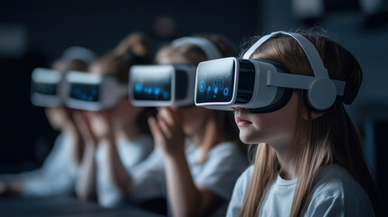 young students kids with VR headset using AI artificial intelligence technology machine learning.Interactive technology in classroom. Innovation and smart tech. AI blue hologram in education concept