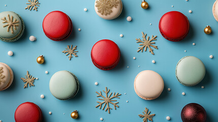 colorful christmas macarons with decorations on blue background