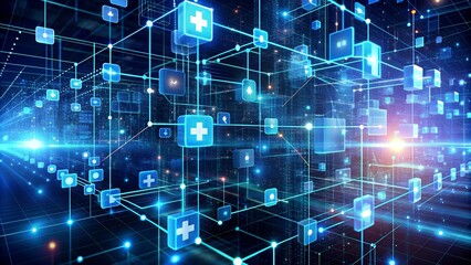 Obraz premium Symphony of Innovation: A 3D Visualization of AI-Powered Healthcare Data Flows generative AI