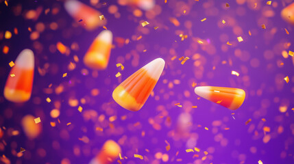 festive purple background with orange candy corn and golden confetti  for halloween