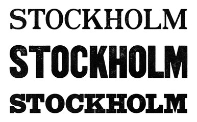 Stockholm city name written in distressed vintage serif, sans serif and slab serif styles isolated on transparent background