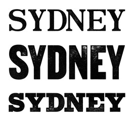 Sydney city name written in distressed vintage serif, sans serif and slab serif styles isolated on transparent background