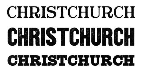 Christchurch city name written in distressed vintage serif, sans serif and slab serif styles isolated on transparent background