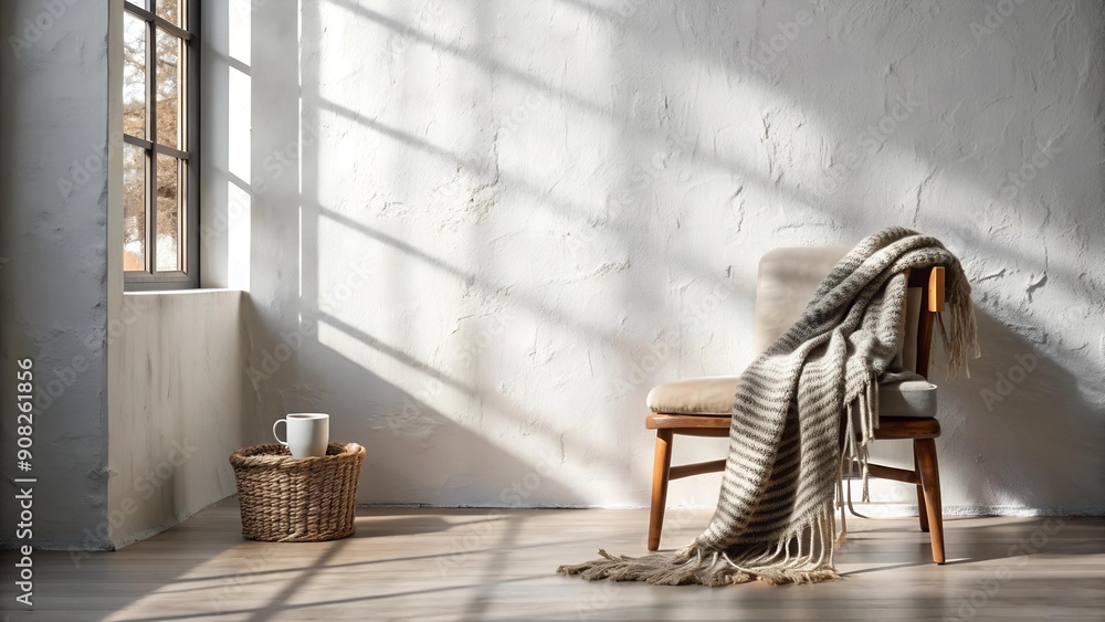 Poster rustic white wall with a soft shadow of a window and a woven throw blanket generative ai