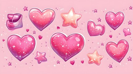 Cute Y2K-style clipart stickers including pink glittery hearts, sparkling stars, and playful ribbons. Great for decorating.
