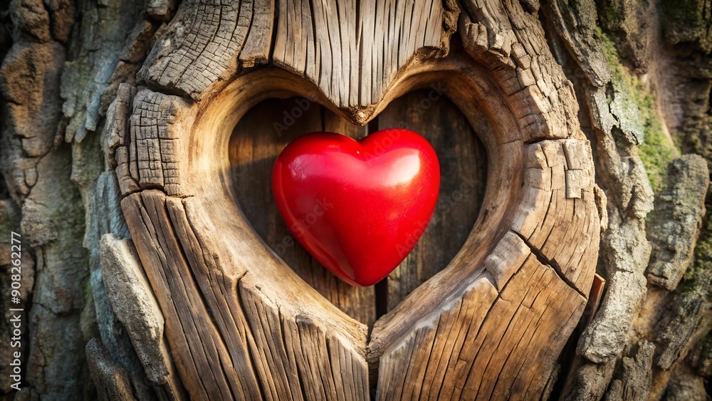 Poster love's pulse: a red heart beating within the trunk of a tree generative ai