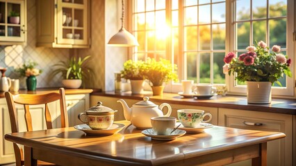 Fototapeta premium Sunlit Morning Tea for Two: A Gentle Glow in a Cozy Kitchen Generative AI