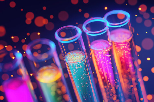 levitating test tubes with  neon vibrant liquids and bokeh background