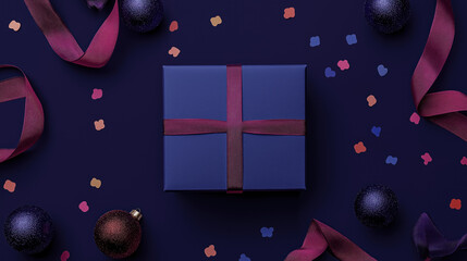 top view, gift box with purple future dusk color  ribbons  confetti  pieces with christmas bulbs on a dark background