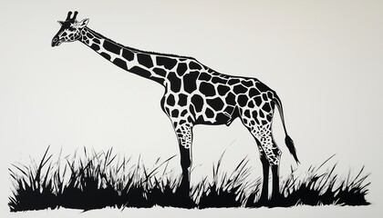 Black and white linocut of a standing giraffe, ideal for artistic prints and unique decor.