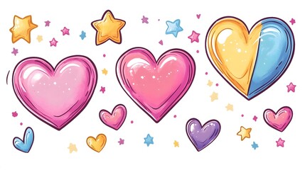 Playful Y2K-style stickers featuring metallic pink ribbons, colorful hearts, and star accents. Great for Valentine's and crafts.
