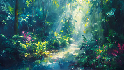 Fototapeta premium Tropical Rainforest - forest, nature, jungle, foliage, greenery, plants, sunlight, stream, water, tropical, lush, vibrant, peaceful, scenery, landscape, growth, rainforest