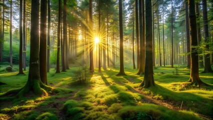 Obraz premium Golden Hour in the Emerald Forest AI generated