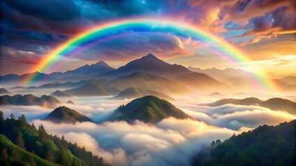 Ethereal Watercolor Rainbow Over Misty Mountains  AI Generated