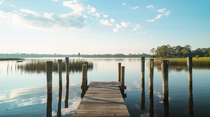 Obraz premium Peaceful morning view of a tranquil lake with a wooden dock and the sky and clouds reflected in the water