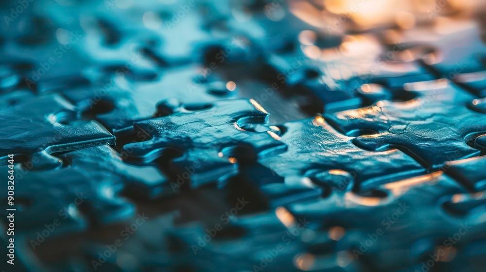 Poster close-up of interlocking puzzle pieces with a reflective surface