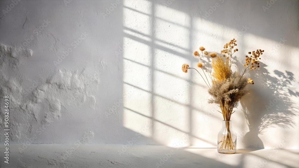 Poster textured white wall with a geometric shadow of a window and a collection of dried flowers generative