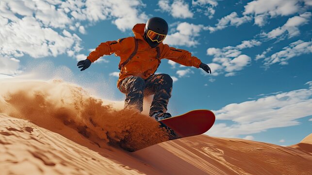 Sandboarding Riding dunes and performing tricks on sand