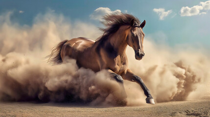 Beautiful brown horse running or galloping in desert outdoors, cloud of dust behind him. Strong equestrian stallion freedom, action, beauty, force, power, male