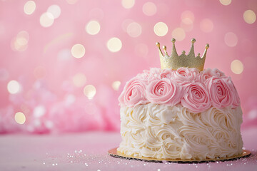 princess themed birthday cake with pink roses and golden crown  accents on glittery