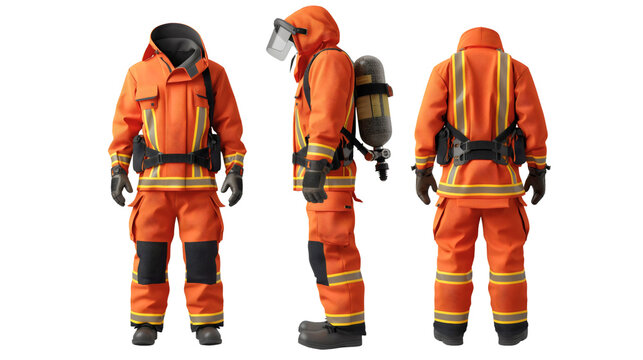 Set of orange firefighter uniform suit equipment from front, side and rear back view isolated. Fireman protective fireproof helmet, hero job profession service protection and safety