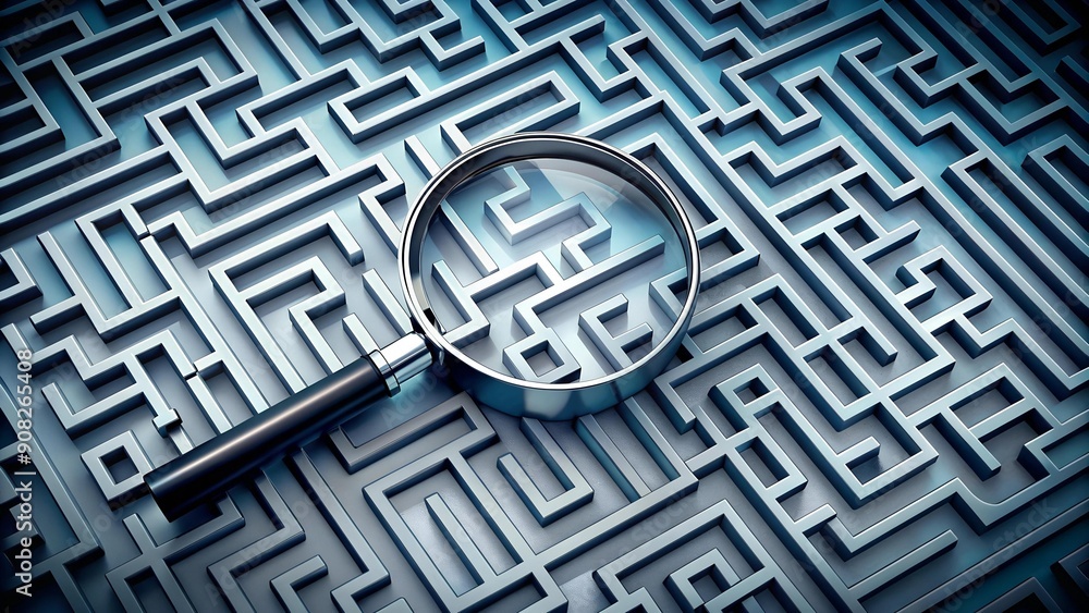 Poster the path of inquiry: a magnifying glass leading through a maze of evidence generative ai