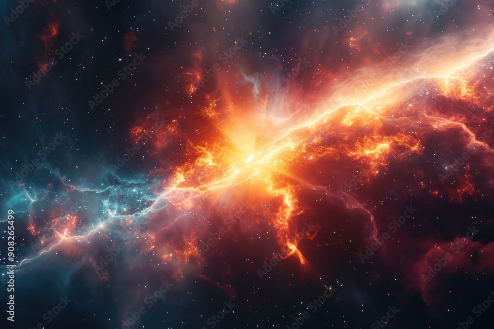 Poster a vibrant orange and blue nebula with stars shining through, perfect for use as a background or to r
