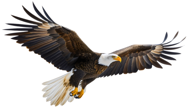 Flying bald eagle isolated on transparent background. White and brown predator hunter bird animal flight with spread wings, American raptor hawk, nature wildlife freedom, hunting for prey