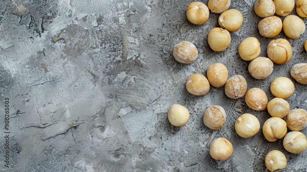 Poster close up of macadamia nuts on gray concrete with space for text