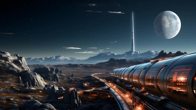 A futuristic train travels across a desolate alien landscape, with a towering structure and a large moon in the distance.