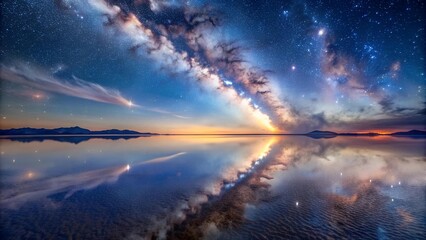 Fototapeta premium Celestial Tapestry: The Milky Way Reflected in a Salt Flat Generative AI